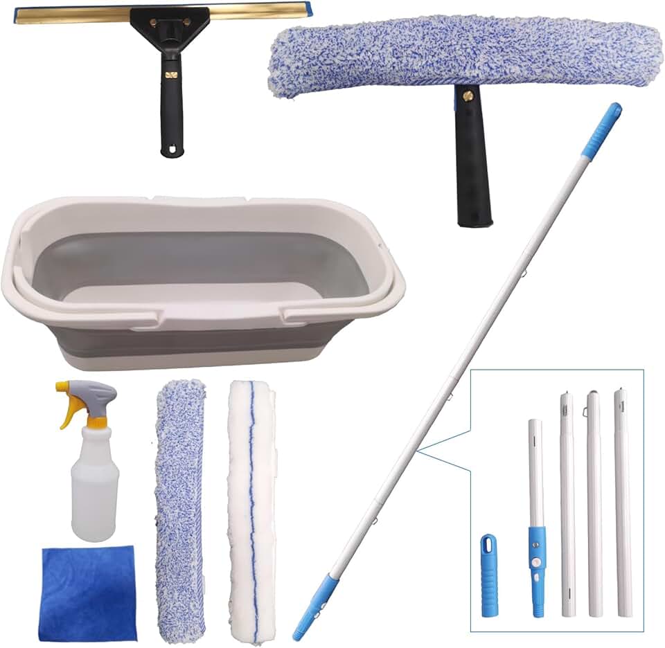 Window cleaning kit with extension rods, scrubber, spray bottle, rag, and scraper