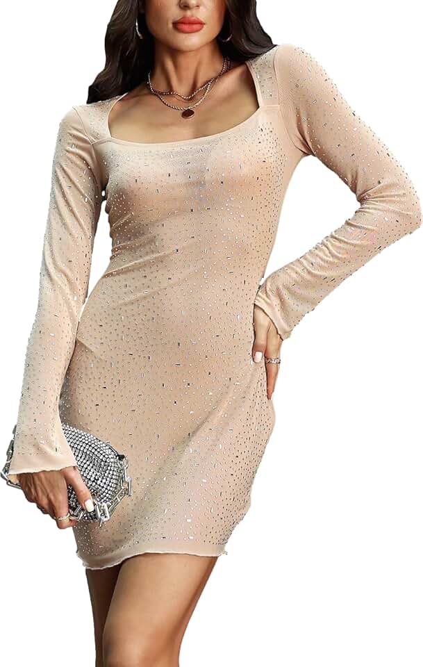 Women’s Long Sleeve Sequin Mini Dress with Square Collar