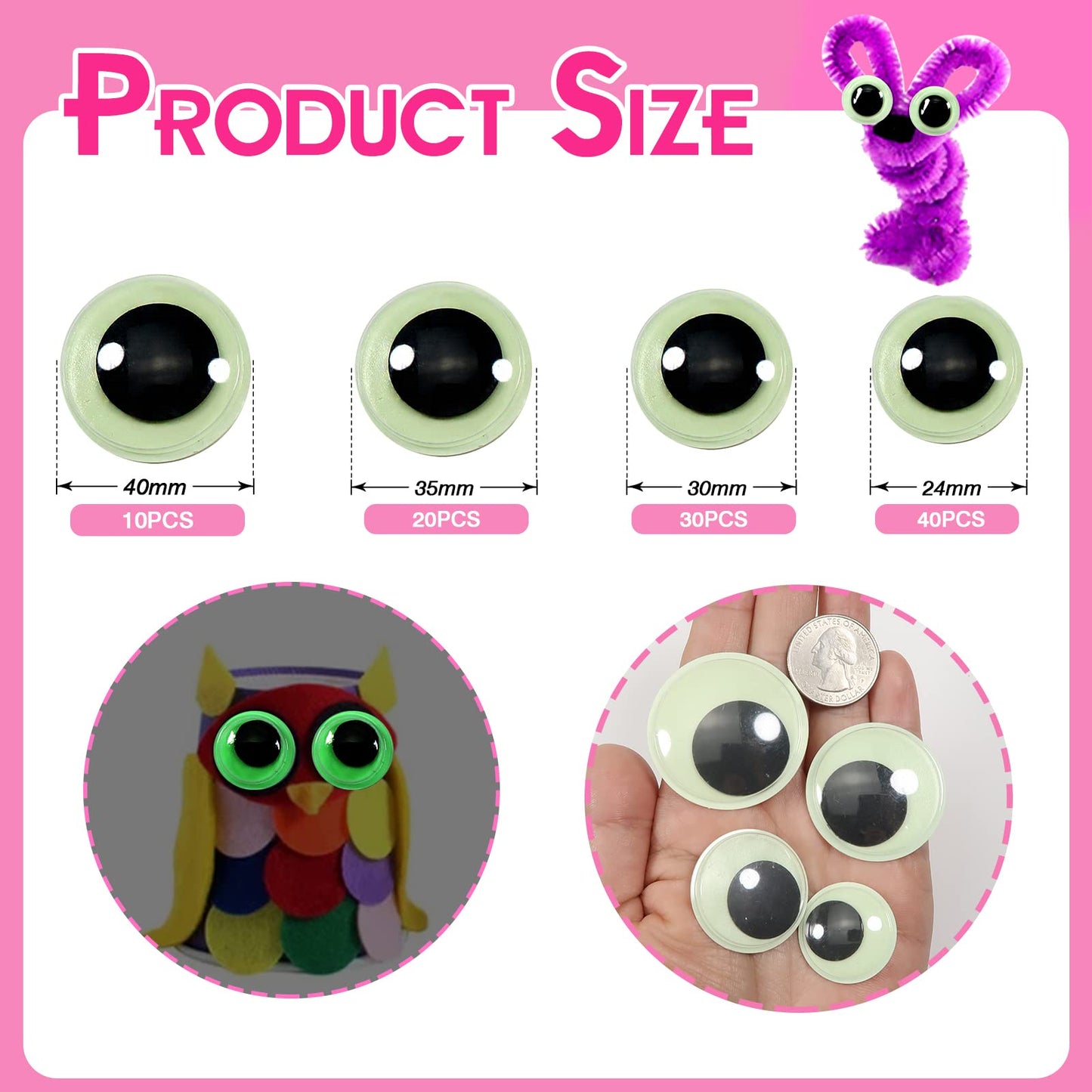 100pcs Assorted Size Luminous Self-Adhesive Googly Eyes