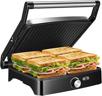 Large 4-Slice Non-Stick Panini Grill with Adjustable Temp