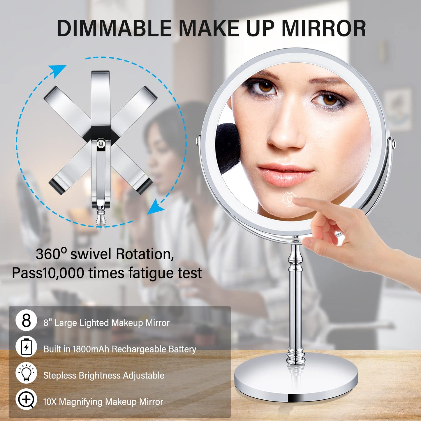 8" Lighted Makeup Mirror, 10X Makeup Mirror with Lights, Double Sided Dimmable Magnifying Mirror with Light, Rechargeable and Brightness Adjustable, Cordless Vanity Mirror with Lights