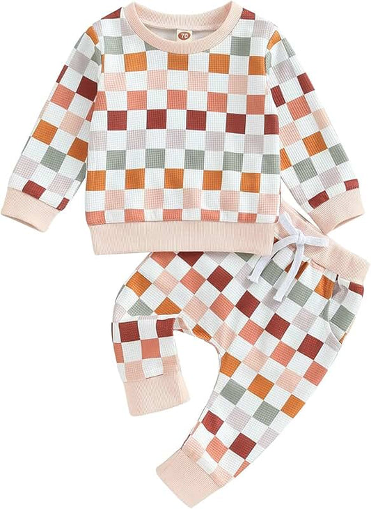 Toddler Boy Girl Checkerboard Long Sleeve Sweatshirt and Pants Set