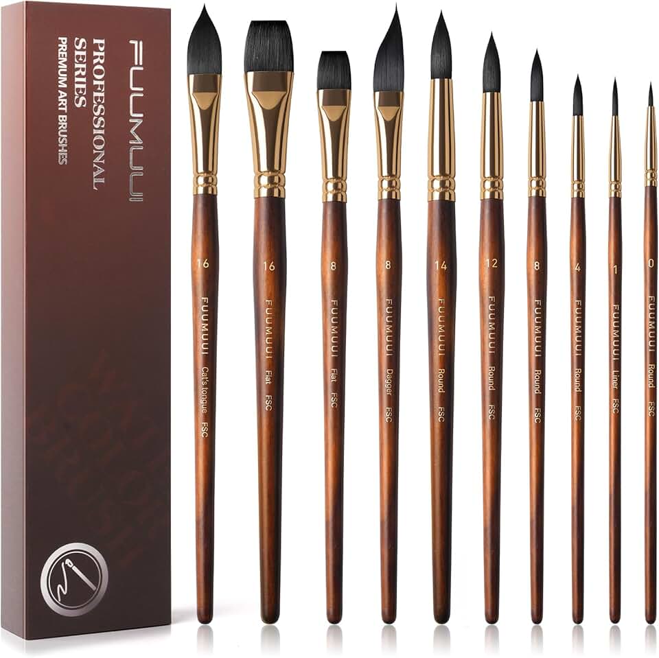 10-Piece Watercolor Brush Set with Synthetic Squirrel Hair