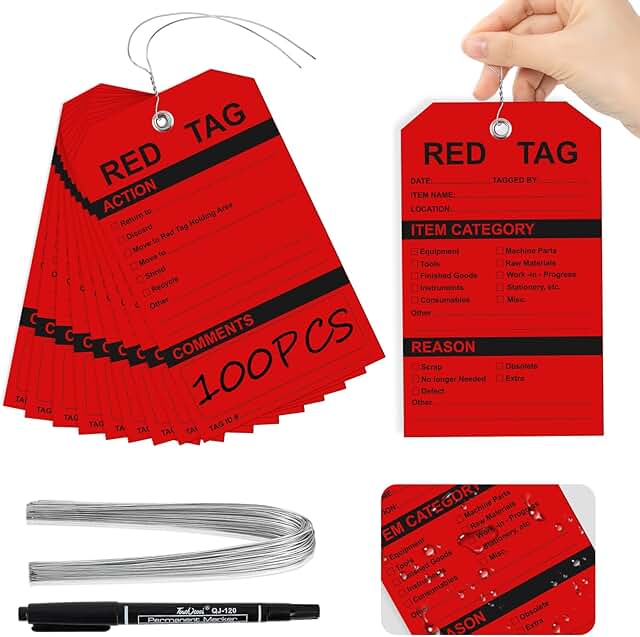 50 Pack Waterproof Red Plastic Tags with Wire and Pen