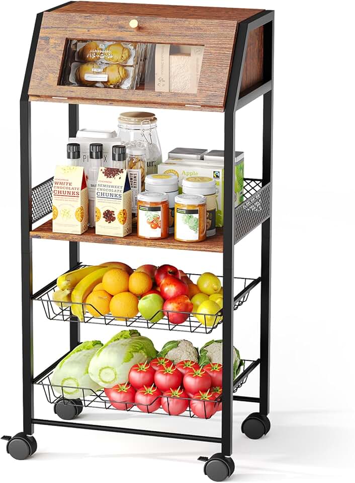 4-Tier Rolling Kitchen Cart with Bread Box and Baskets