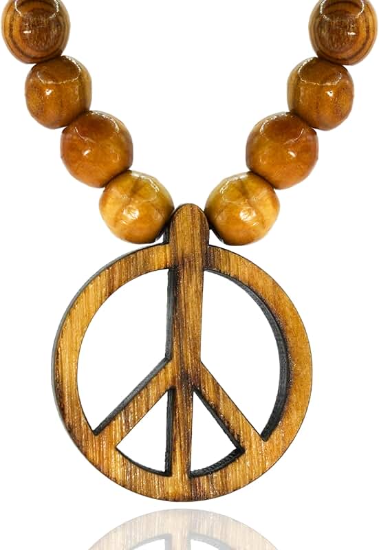 Olive Wood Peace Sign Necklace, Handmade, Retro Style