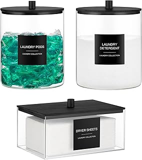 Set of 3 black glass and acrylic laundry storage jars