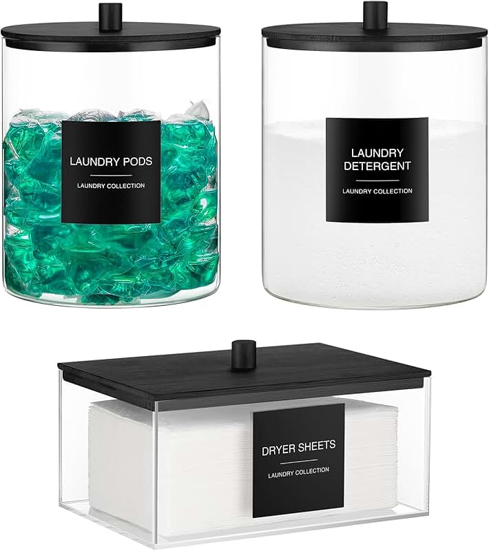 Set of 3 black glass and acrylic laundry storage jars