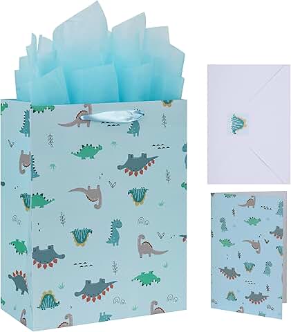 Large Light Blue Dinosaur Bag Set with Greeting Card and Tissue Paper