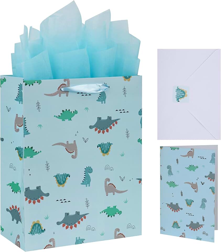 Large Light Blue Dinosaur Bag Set with Greeting Card and Tissue Paper