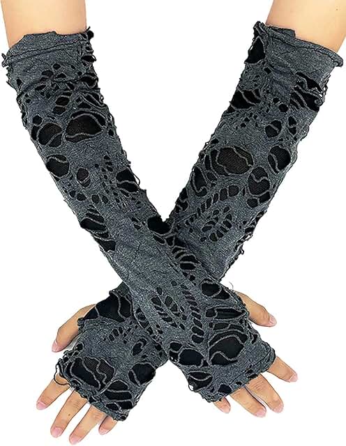 Black Ripped Fingerless Elbow Gloves for Women