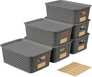 Set of 6 Small Gray Plastic Woven Storage Baskets with Lids