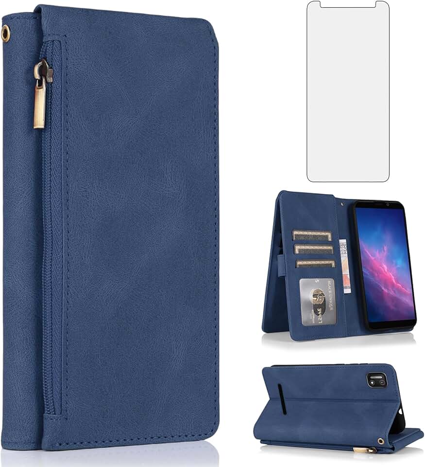 Wallet case with screen protector and wrist strap