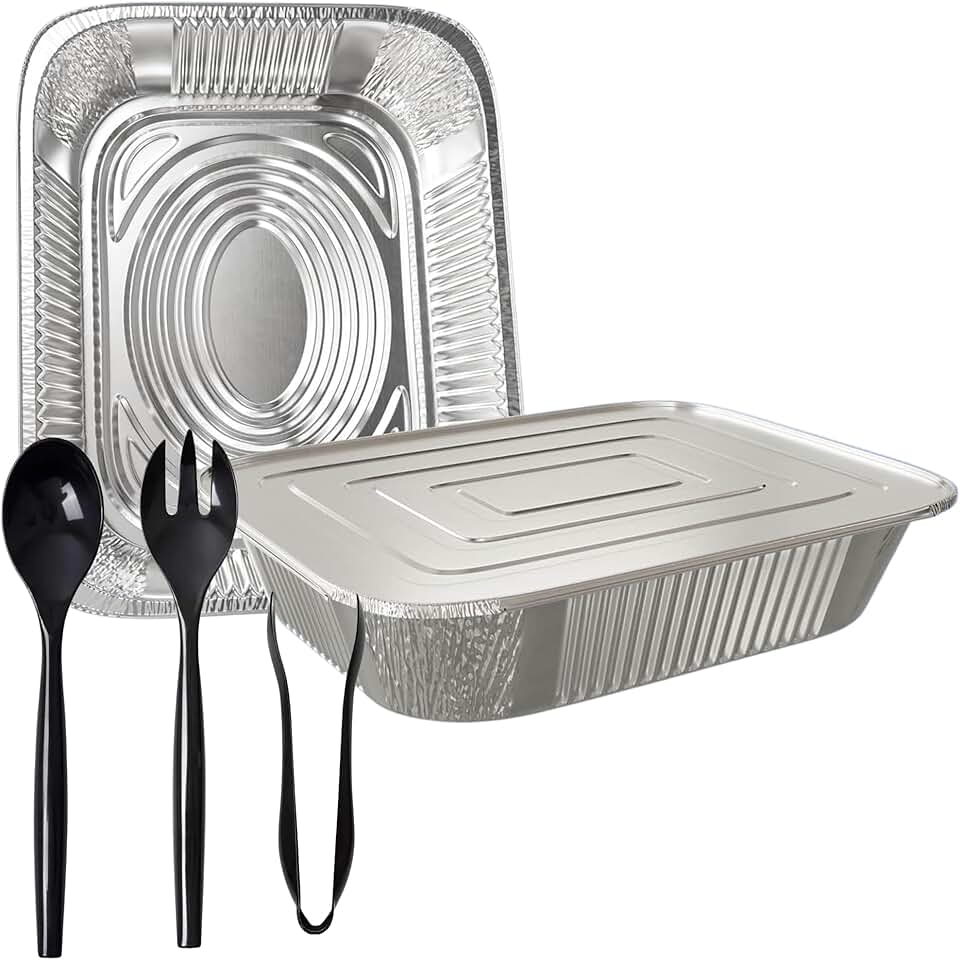 Set of 40 aluminum baking and roasting pans with lids and utensils