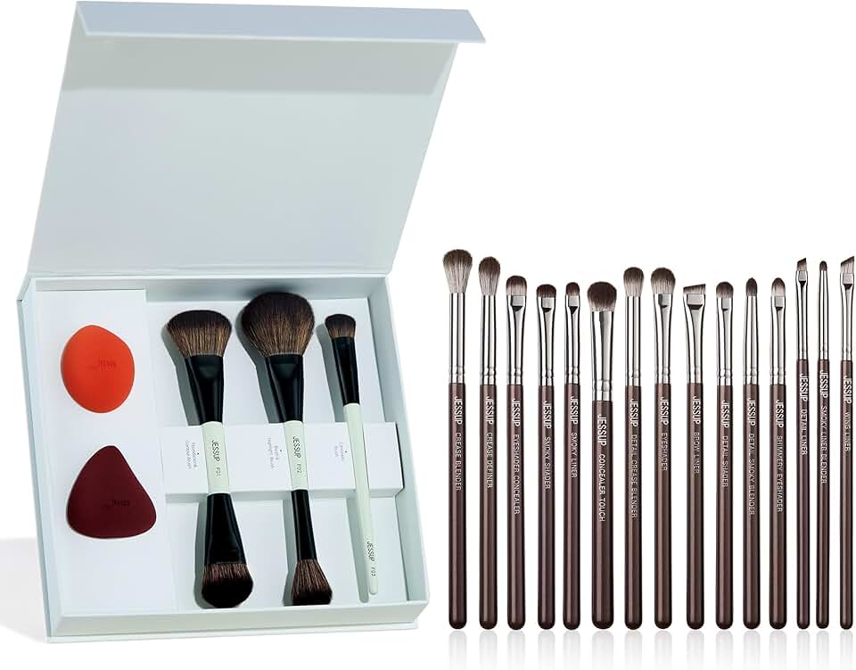 Face and eye makeup brushes with sponge set