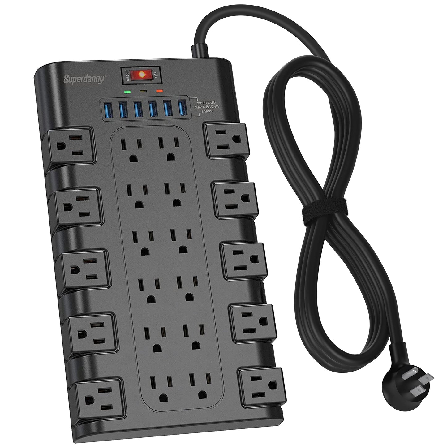 Power Strip, Surge Protector with 22 AC Outlets and 6 USB Charging Ports, 1875W/15A, 2100 Joules, 6.5Ft Flat Plug Heavy Duty Extension Cord for Home, Office, Dorm, Gaming Room, Black