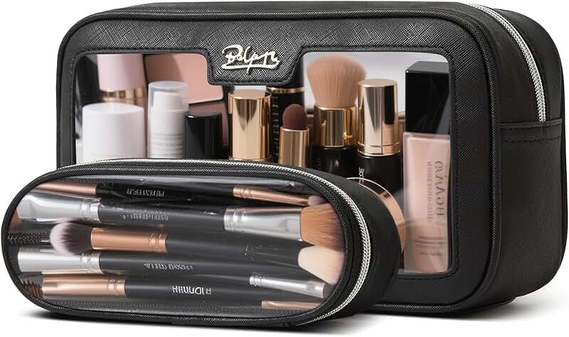 Clear travel cosmetic bag set with large skincare pouch