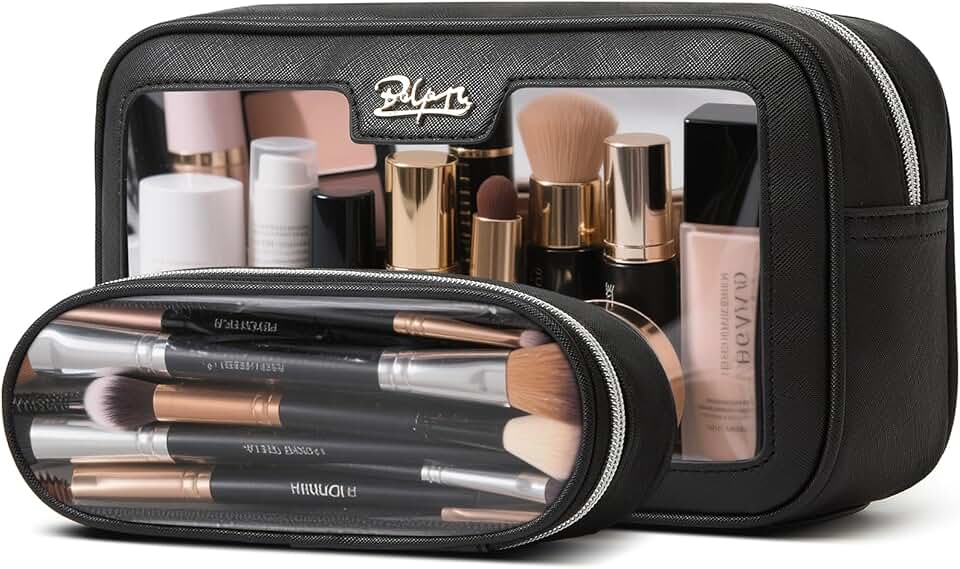 Clear travel cosmetic bag set with large skincare pouch