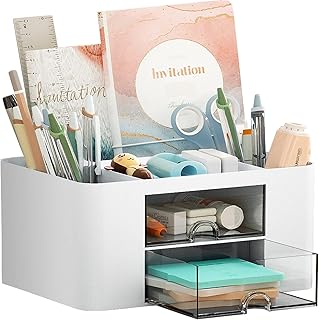 White Pen Organizer with 2 Drawers and 5 Compartments