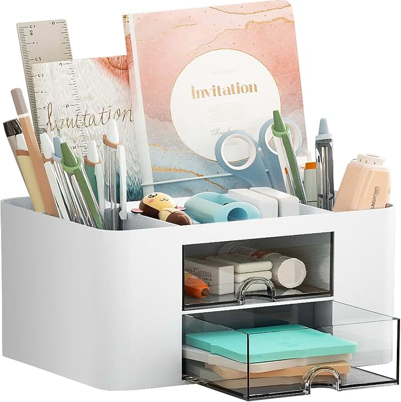 White Pen Organizer with 2 Drawers and 5 Compartments