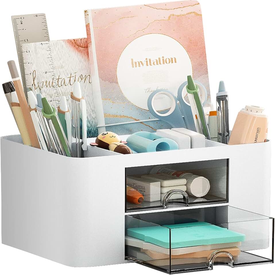 White Pen Organizer with 2 Drawers and 5 Compartments