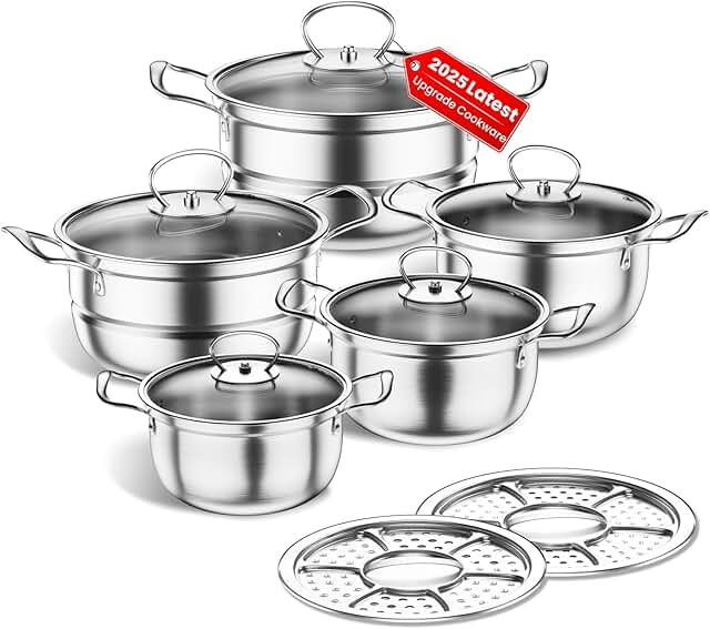 12-Piece Stainless Steel Cookware Set with Glass Lids