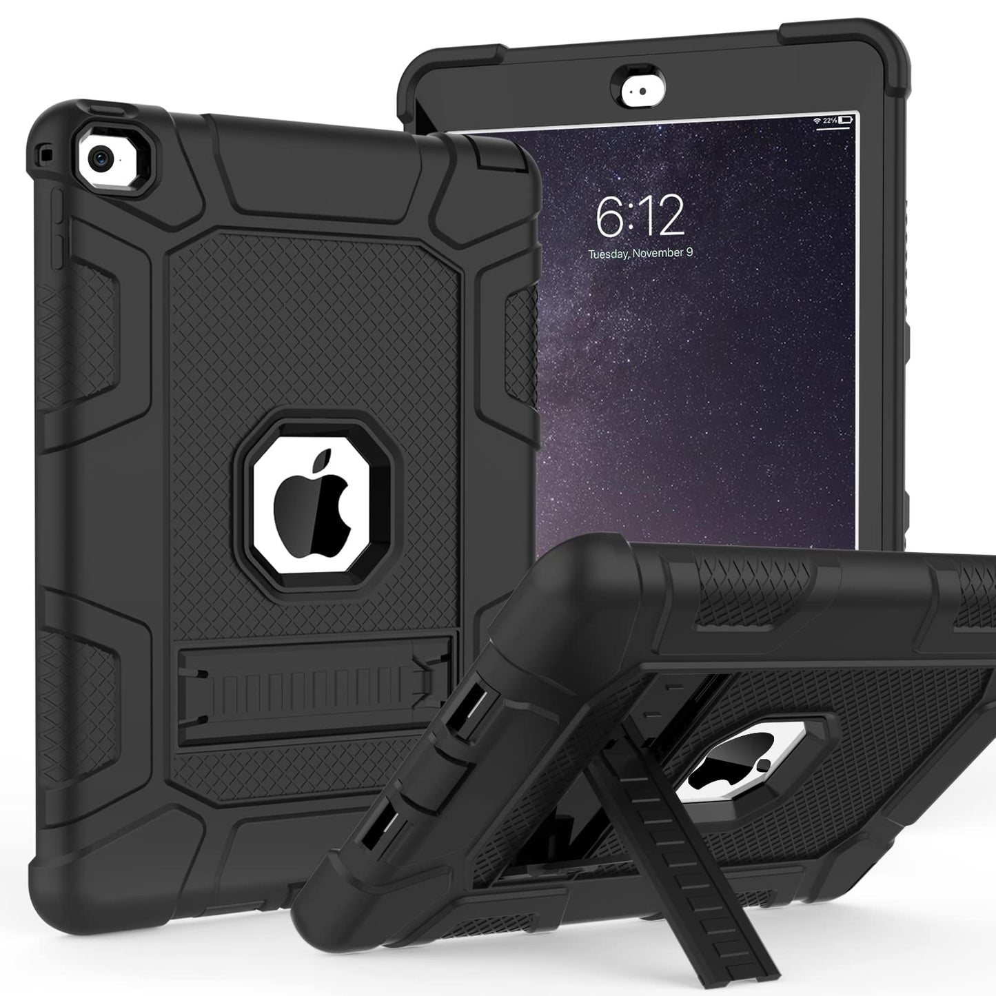 Case for iPad Air 2nd Generation 2014, iPad Air 2 Case with Kickstand, 3 in 1 Heavy Duty Shockproof Hybrid Three Layer Protective Cover for iPad Air 2 A1566,A1567 (Black)