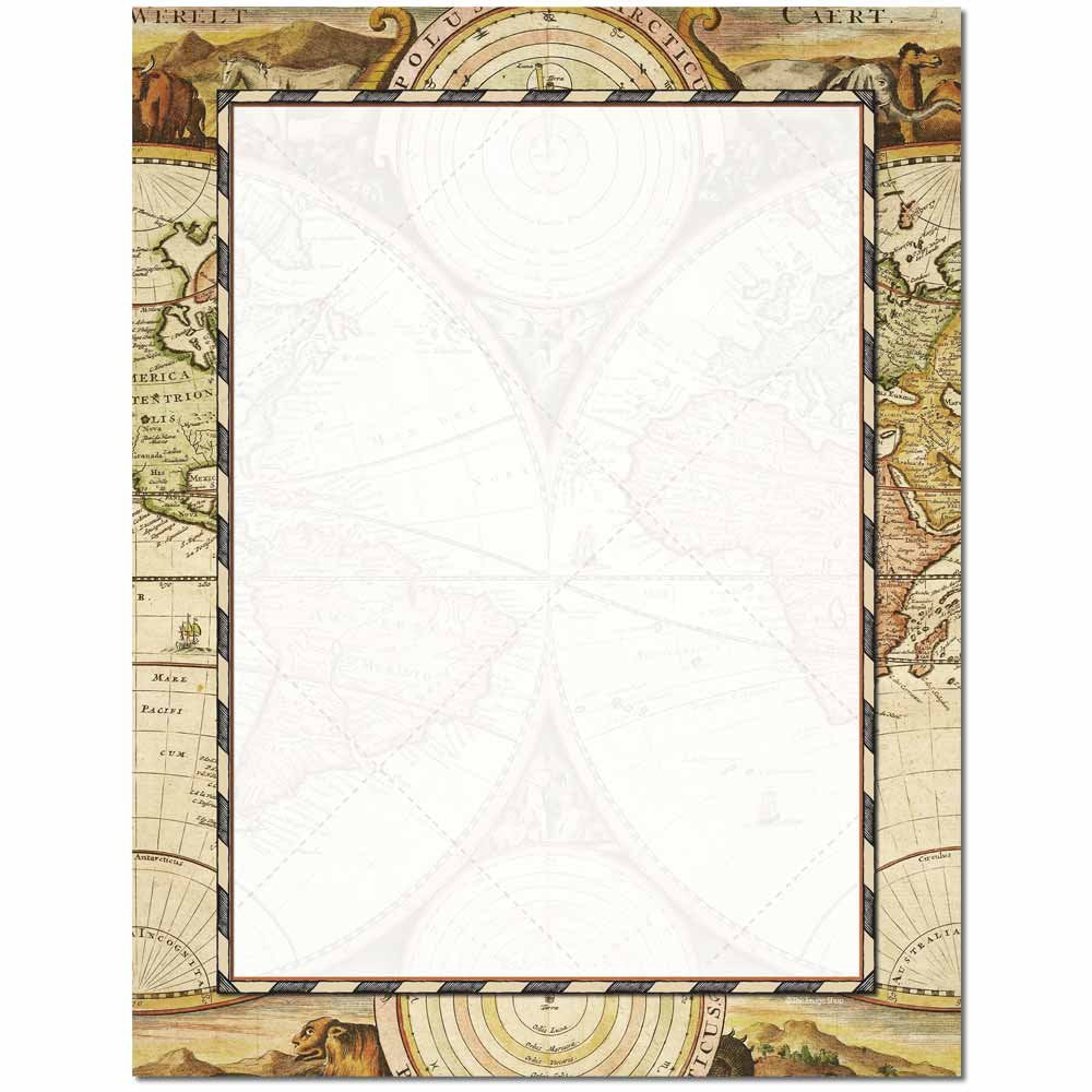 Old World Map Letterhead Paper, 25 Sheets