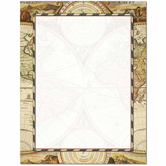 Old World Map Letterhead Paper, 25 Sheets