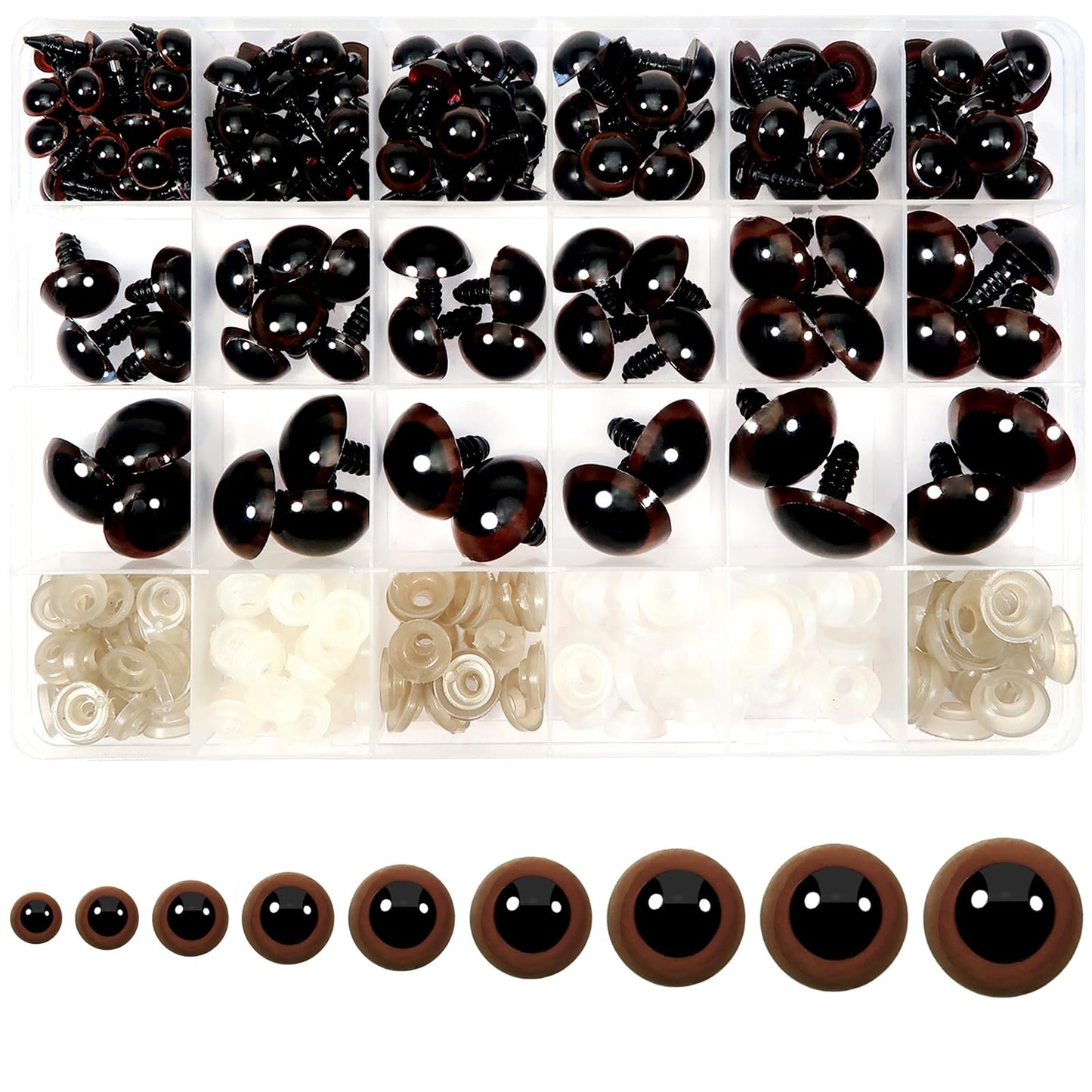 150 Assorted Brown Plastic Safety Eyes with Washers (8-24mm)
