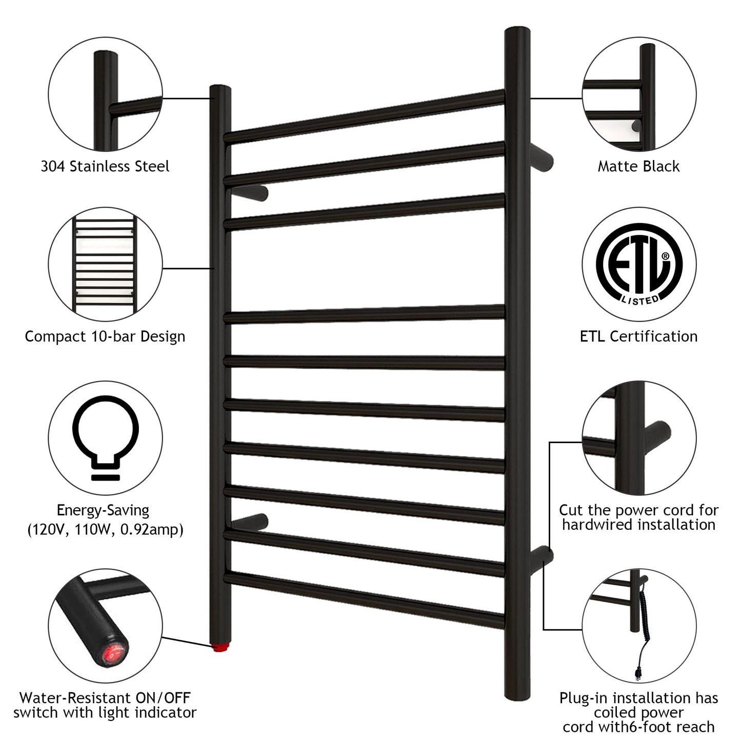 HEAT E Towel Warmer, Compact Electric Towel Warmer for Small Bathroom, Wall-Mounted Electric Towel Racks, Plug-in/Hardwired Electric Towel Rails  4-Supports Matte Black