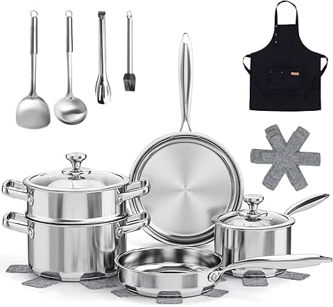 16-Piece Non-Toxic Stainless Steel Cookware Set with Steamer and Utensils