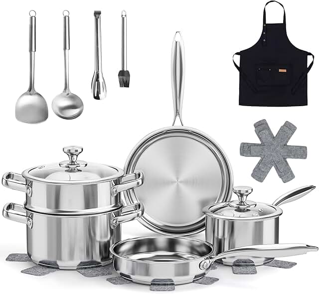 16-Piece Non-Toxic Stainless Steel Cookware Set with Steamer and Utensils