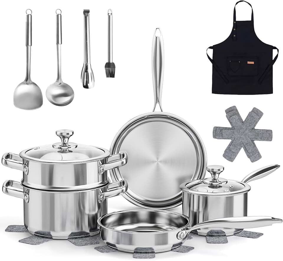 16-Piece Non-Toxic Stainless Steel Cookware Set with Steamer and Utensils