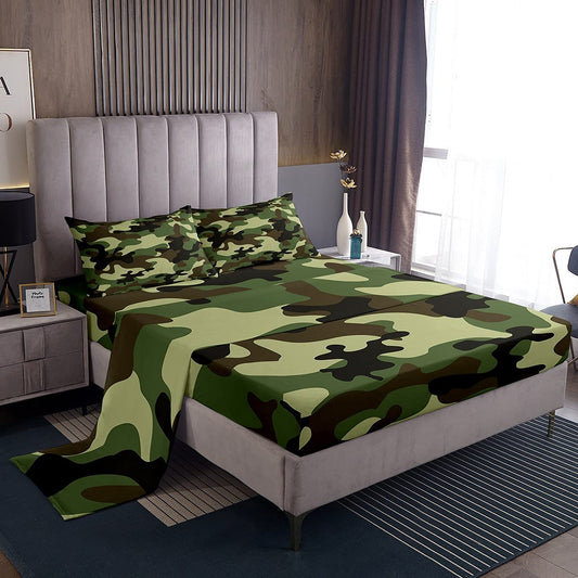 Kids Camo Bed Sheets Boys Army Camouflage Sheet Set for Girls Teens Youth Man Colorful Pattern Art Decor Bed Set Brown Green Sheets Full,1 Fitted Sheet+2 Pillow Sham+1 Flat Sheet