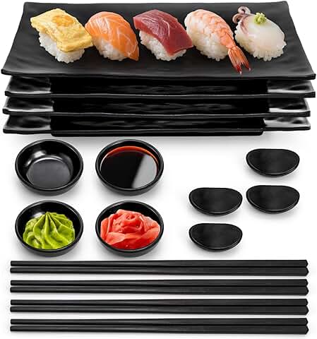 16-Piece Melamine Sushi Plate Set with Trays, Bowls, and Chopsticks