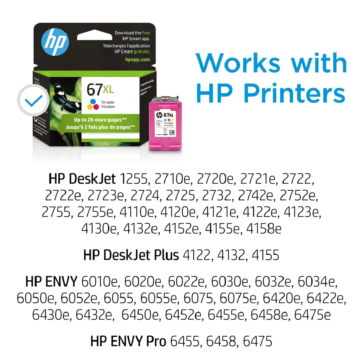 Original 67XL Tri-color High-yield Ink Cartridge | Works with DeskJet 1255, 2700, 4100 Series, ENVY 6000, 6400 Series | Eligible for Instant Ink | 3YM58AN