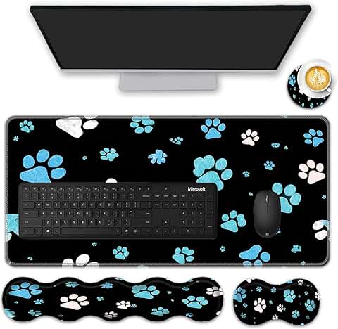 Large mouse pad with wrist rests and coaster featuring paw prints