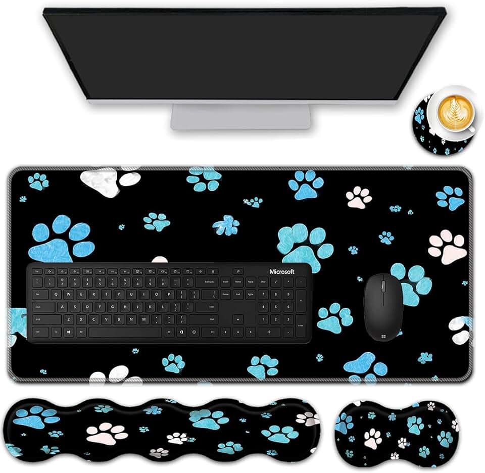 Large mouse pad with wrist rests and coaster featuring paw prints