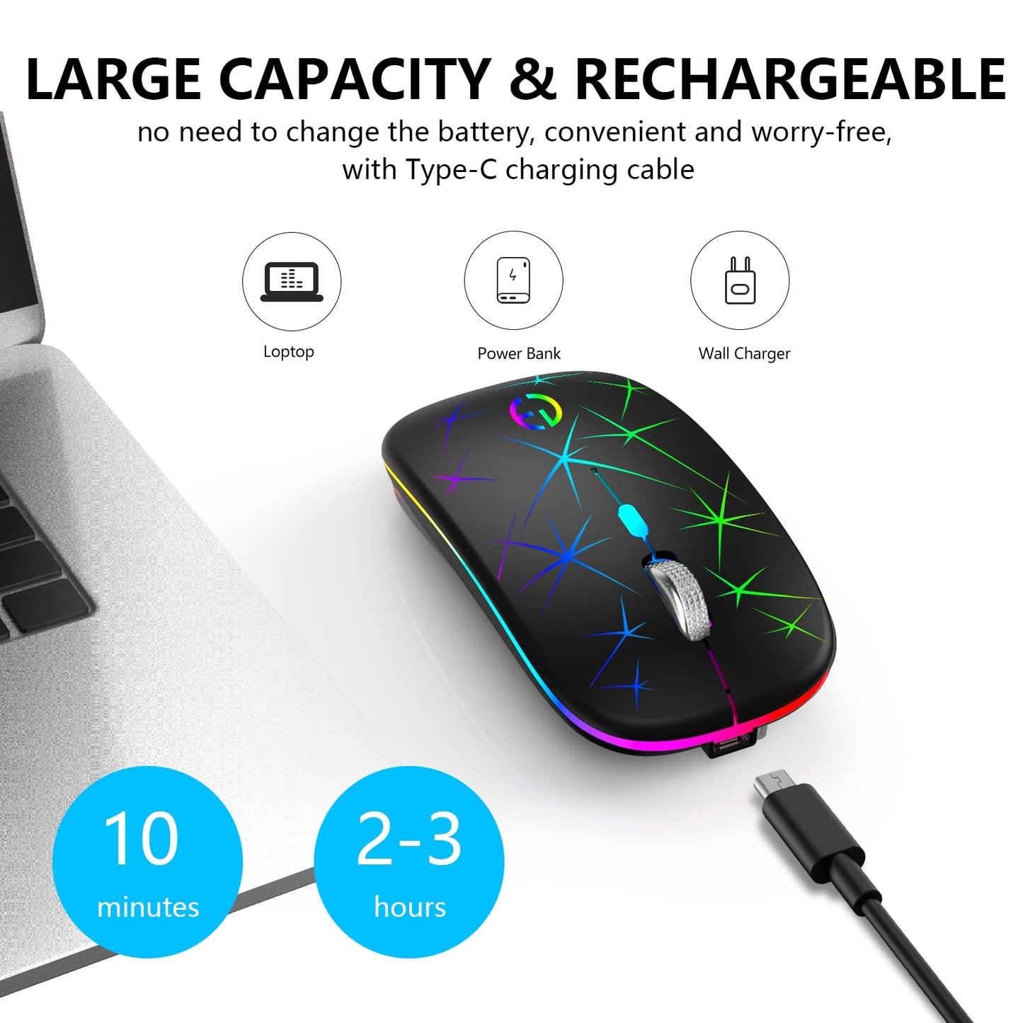 Wireless Mouse, 2.4G Portable Optical Quiet RGB Mouse with USB Receiver and Type C Adapter, 3 Adjustable DPI Levels, Wireless Computer Mouse for Laptop, Computer, PC, MacBook, Desktop