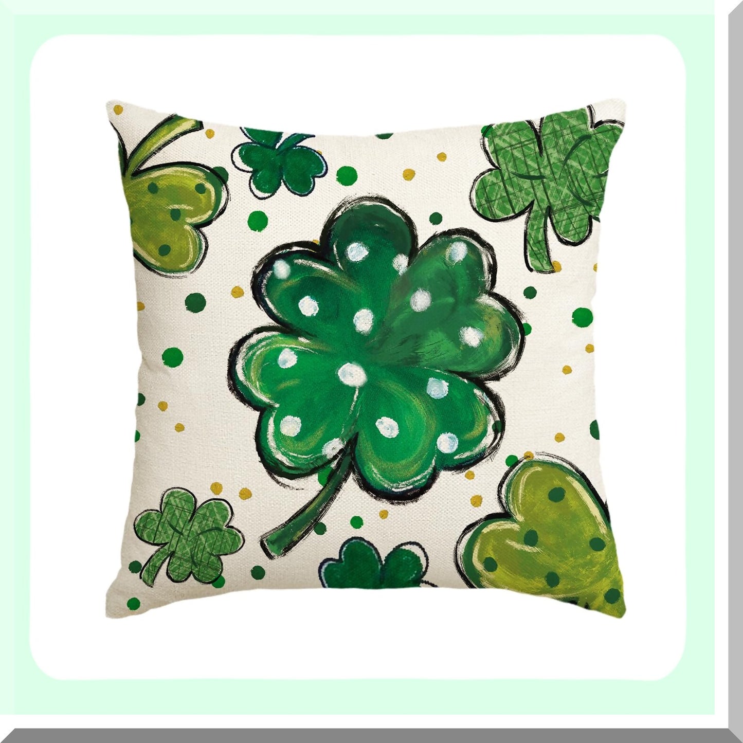 Lucky Clover Polka Dot Shamrock Pillow Cover - St Patricks Day Sofa Decoration - 18x18 Inch Cushion Case for Couch - Throw Pillow Sham
