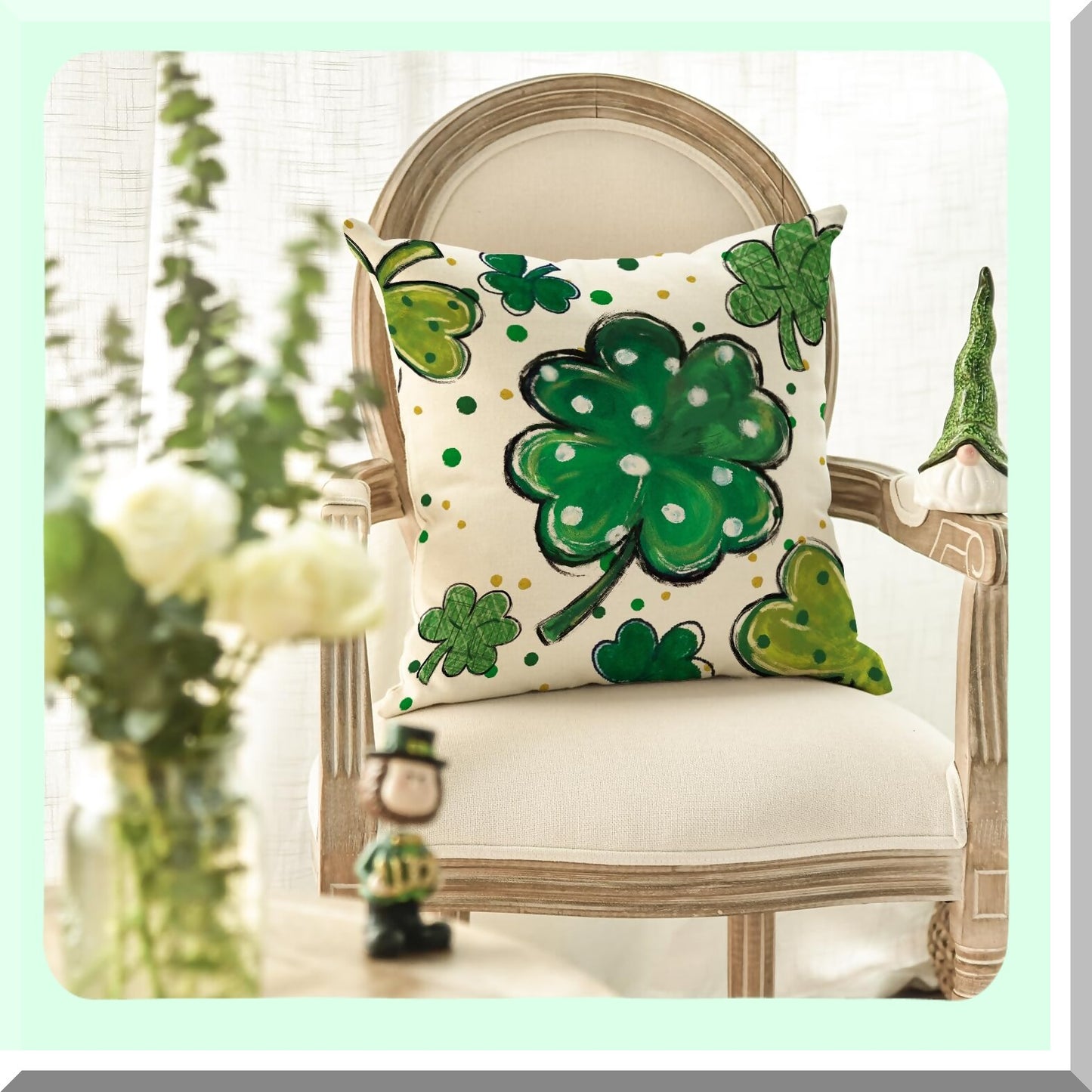 Lucky Clover Polka Dot Shamrock Pillow Cover - St Patricks Day Sofa Decoration - 18x18 Inch Cushion Case for Couch - Throw Pillow Sham