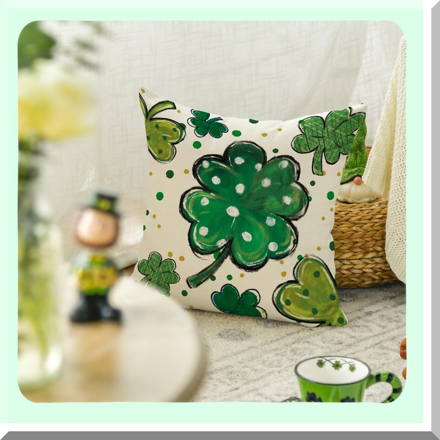 Lucky Clover Polka Dot Shamrock Pillow Cover - St Patricks Day Sofa Decoration - 18x18 Inch Cushion Case for Couch - Throw Pillow Sham