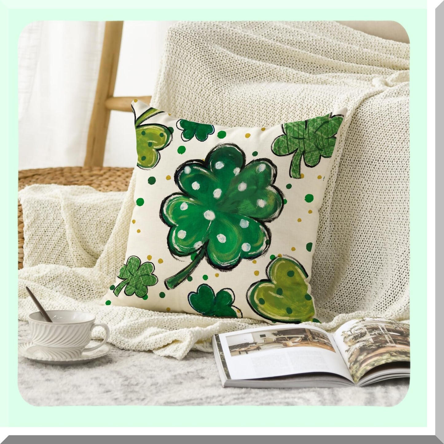 Lucky Clover Polka Dot Shamrock Pillow Cover - St Patricks Day Sofa Decoration - 18x18 Inch Cushion Case for Couch - Throw Pillow Sham