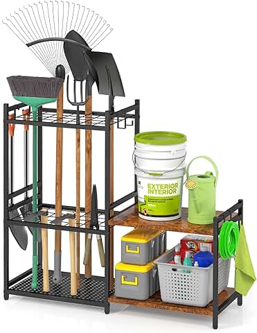 2-Tier Wooden Garage Tool Organizer with Hooks