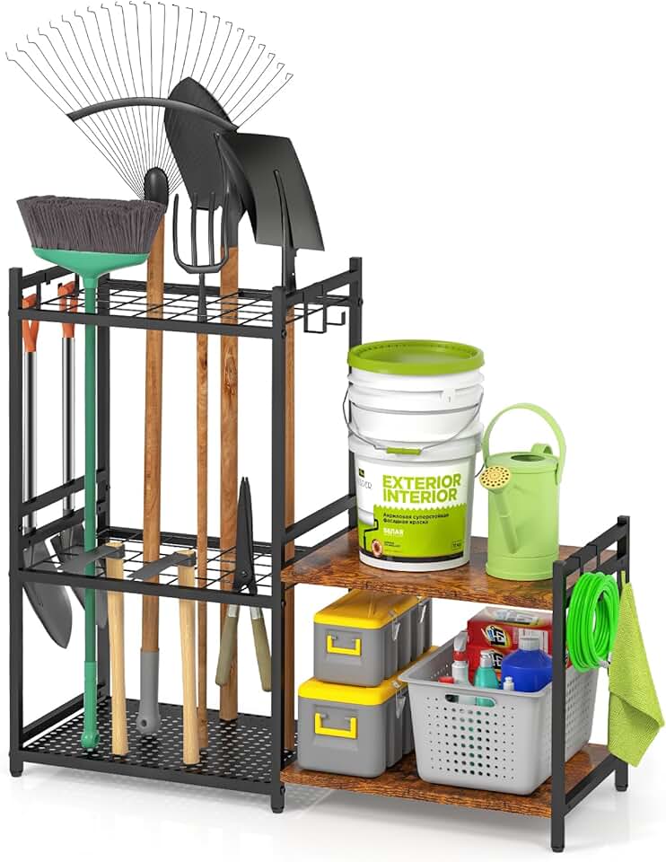2-Tier Wooden Garage Tool Organizer with Hooks