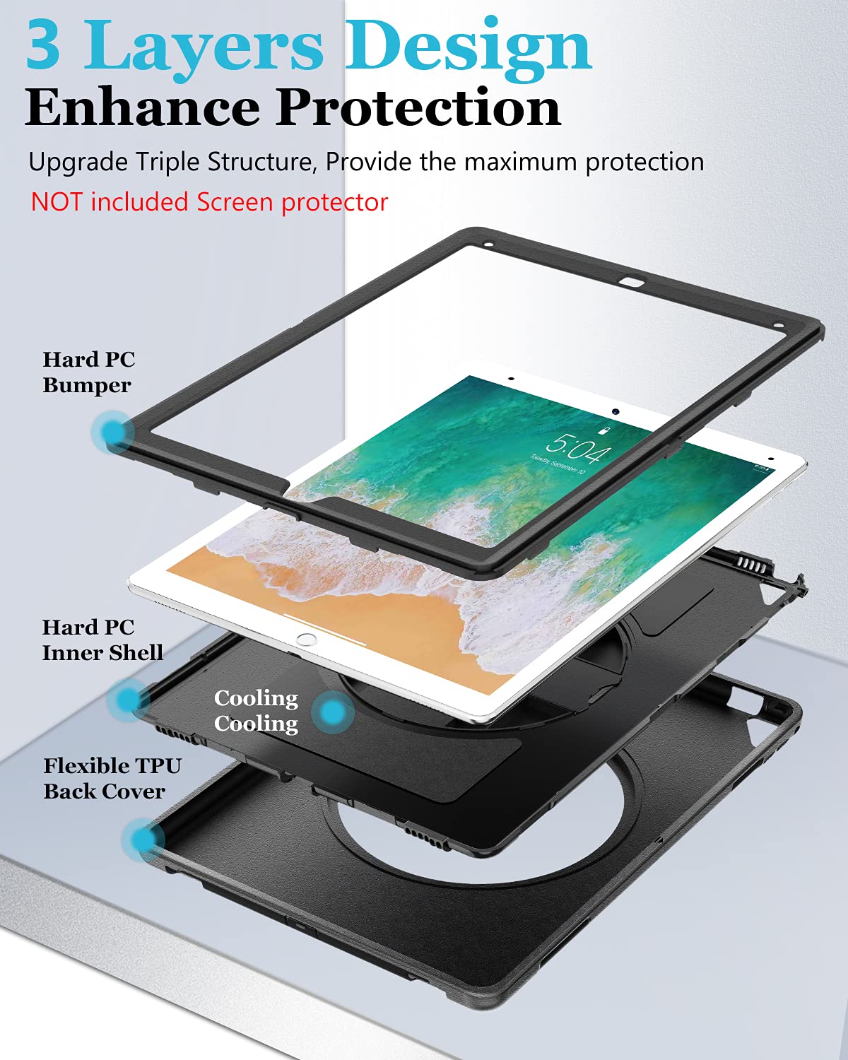 iPad Pro 12.9 Case 2nd Generation 2017 & 2015 1st Generation, Military Grade Heavy Duty Rugged Shockproof Protective Cover w/ 360 Rotatable Stand + Handle Hand & Shoulder Strap + Pencil Holder Black