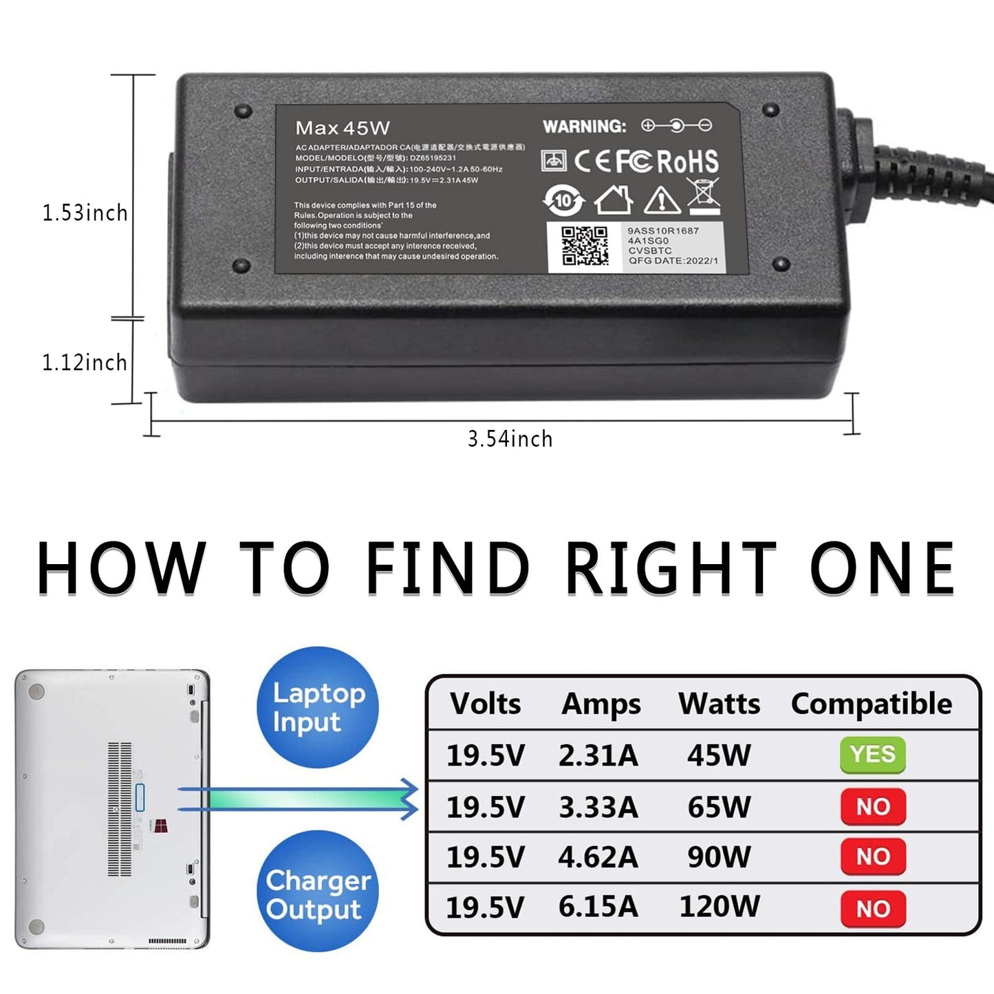 45W 19.5V 2.31A AC Adapter Replacement HP Laptop Charger Compatible for HP Pavilion 11 13 15;HP elitebook Folio 1040 g1;hp touchsmart 11 13 15;HP Stream 13 11 14