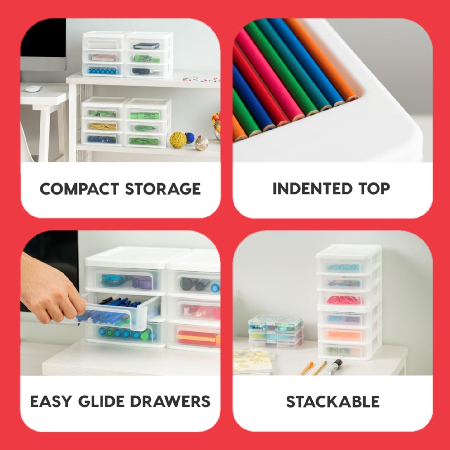 Set of four small white plastic stacking desk organizers