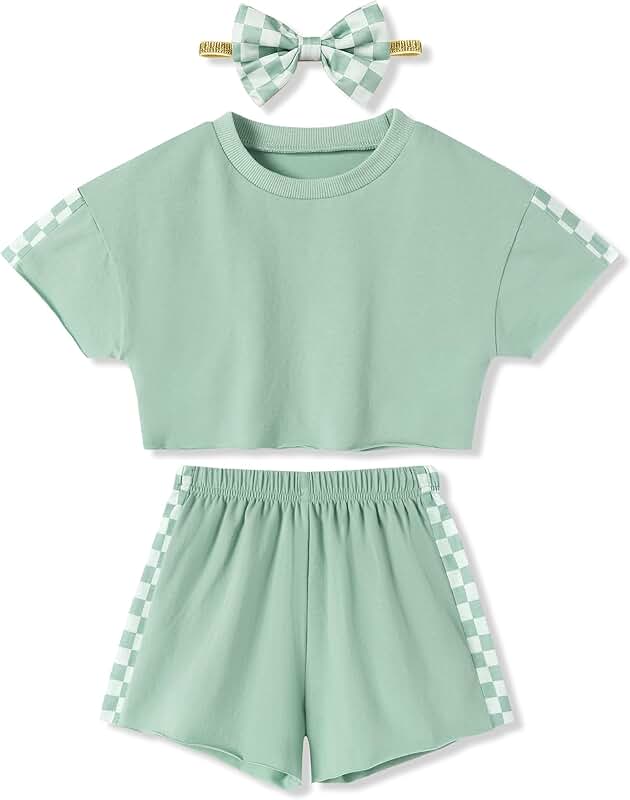Cute summer toddler girl clothes set with t-shirt, shorts, and headband